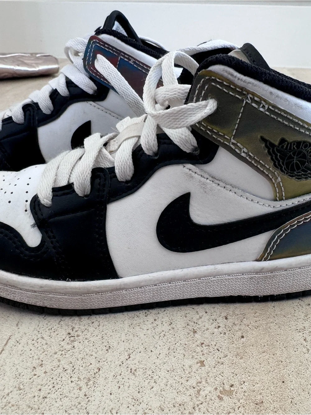 Air Jordan 1 mid. Black and white with Reflective iridescent heel panel. Size 13